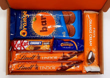 Load image into Gallery viewer, Chocolate Orange Hamper, Letterbox gifts, chocolate hamper, pamper gift, birthday, anniversary, get well soon, letterbox hamper, chocolate gifts, post box gift, self care box, happiness boxes, hampers, letterbox, chocolate box, the happiness box, letterbox gifts for all occasions
