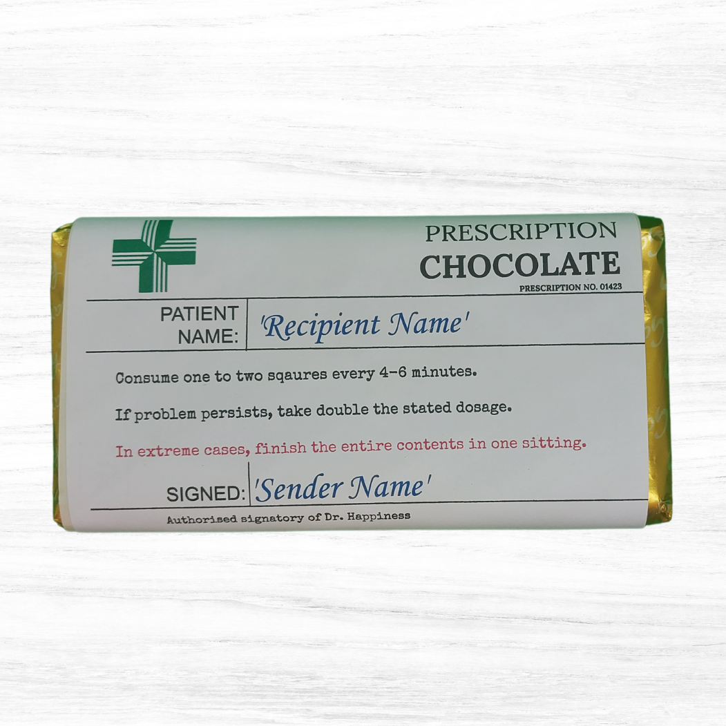 Chocolate Prescription Bar - Pick me up,  Get Well Soon. Novelty Chocolate. Joke Chocolate Bar - The Happiness Box