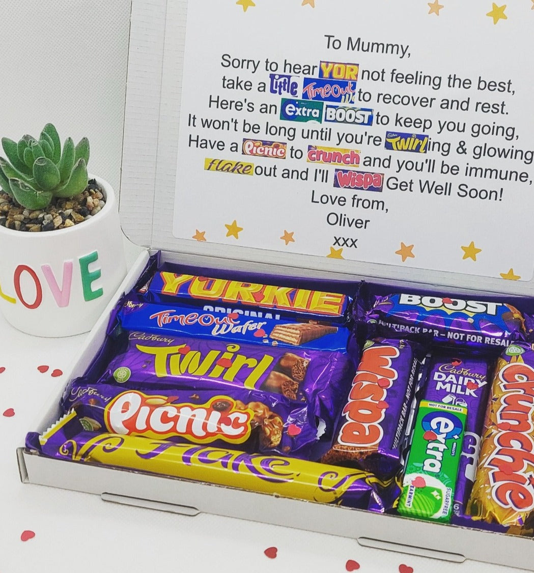 Get Well Soon Chocolate Poem Gift, Chocolate Hamper, Chocolate Letterbox Gift - Personalised - The Happiness Box